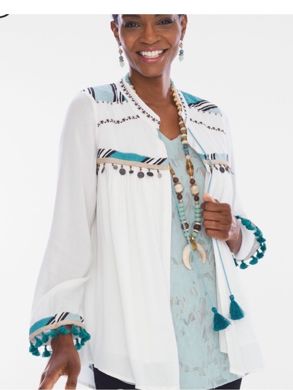 Chico's Open Front Embellished Tassel Tie Jacket sz 4 (US Sz 20/22) boho artsy